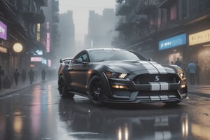 Highly-detailed Mustang Shelby GT500 in a futuristic cyberpunk city, matte black, intricate background, cyberpunk city, volumetric lighting,Detailedface,Detailedeyes,photo r3al,perfecteyes,close up,inst4 style