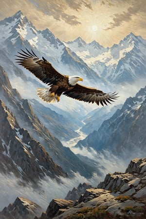 An eagle soaring in the sky with misty mountains in the background, textured oil painting, art by sargent, detailmaster2,greg rutkowski