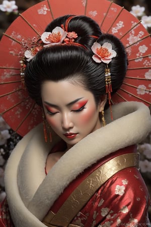 Highly-detailed sleeping geisha, fantasy art, dynamic pose, full body, highly detailed skin textures, intricate background, volumetric lighting,Detailedface,Detailedeyes,photo r3al,perfecteyes,close up,inst4 style,greg rutkowski