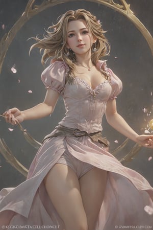 Ultra-detailed Aerith Gainsborough, high-quality cell-shaded illustration, dynamic pose, perfect anatomy, centered, freedom, soul, approach to perfection, cell shading, 4k, cinematic dramatic atmosphere, watercolor painting, global illumination, detailed and intricate environment, art station, concept art, fluid and sharp focus, volumetric lighting, cinematic lighting, greg rutkowski,greg rutkowski