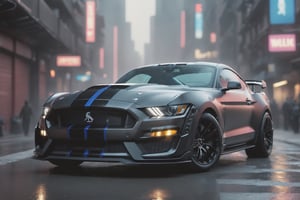 Highly-detailed Mustang Shelby GT500 in a futuristic cyberpunk city, matte black, intricate background, cyberpunk city, volumetric lighting,Detailedface,Detailedeyes,photo r3al,perfecteyes,close up,inst4 style