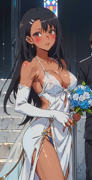 (({nagatoro_hayase_donttoywithmemissnagatoro}, black_hair, long_hair, dark-skinned_female, dark_skin, brown_eyes, hairclip, hair_ornament,)) , 1 woman, solo, looking at the viewer, slender, slim, clavicle, (straight perm hair), (medium hair), ((tareme)), large breasts, vibrant colors, girl, masterpiece, sharp focus, best quality, depth of field, cinematic lighting,more_details:0.5, (anime screencap:1.4), bride, bridal veil, elbow gloves, wedding dress, bikini dress, bare shoulders, cleavage, holding bouquet, luxury church, outdoor luxury church , parted lips, blush, smile, bare navel, midriff, side-tie pee,cowboy shot, ((white theme:1.2, blue dress:1.2)),(shiny skin), (shiny body),more_details:0.5,slingshot swimsuit,sagging breasts, SAGGING BREASTS 