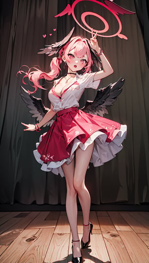 (masterpiece), (best quality), high resolution, solo, 1girl,15 year old,:o,full body,break,hearts in the background, drawing style hearts, abstract,dance hall, elegant party,break,standing,posing,gesture, air kiss gesture,2-piece dress, white shirt, red skirt, long skirt,large skirt, open skirt showing legs, necklace, bracelets, cleavage, breast cleavage, patent leather shoes,y,((, pink hair, wings, head wings, black wings, twintails, feathered wings, halo, long hair, pink eyes, low wings, pink halo,koharu_bluearchive),koharu \(blue archive\)