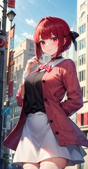 (arima_kana, short hair, red hair, red eyes,)) 1girl, solo focus, young women, skin imperfection, light white skin, perfect face, puffy face, beautiful face, puffy eyes, blue eyes, big eyes, perfect eyes, eyelashes, long hair, bangs, makeup, blush, blush nose, glitter makeup on eyes, detailed anime soft face, pink clothes, highres, twintails, hair ribbon, long sleeves, red bow, pink cardigan, white thighhighs, plaid skirt, red ribbon, black choker, , open shirt, outdoors, cowboy shot, standing, smile, hands behind back,(Hands:1.1), ,better_hands,