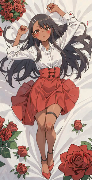 (({nagatoro_hayase_donttoywithmemissnagatoro}, black_hair, long_hair, dark-skinned_female, dark_skin, brown_eyes, hairclip, hair_ornament,)) , masterpiece, best quality, absurdres,1girl, gorgeous, lying on a bed of roses,vampire bride, in mausoleum redhead, long wavy hair, full body shot, from above, opulent, sumptous, parted lips, dreamy, longingly, (detailed face),, soft lighting, limited palette, shades of red and white, (red roses all over the background:1.4),nice hands, perfect hands