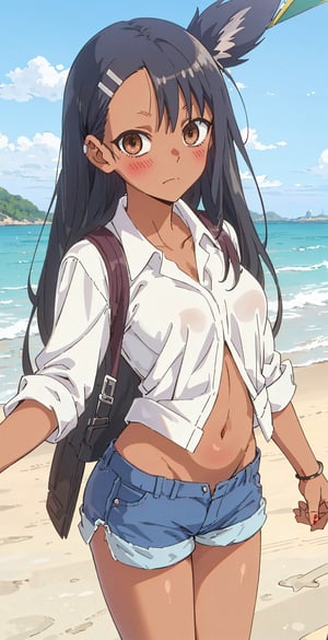 (({nagatoro_hayase_donttoywithmemissnagatoro}, black_hair, long_hair, dark-skinned_female, dark_skin, brown_eyes, hairclip, hair_ornament,)) , Amazingly cute (big breasted) high school girl, blonde, natural smile, big eyes, small T-shirt, belly button exposed, super shorts, very detailed.  Top quality, 4K, sharp focus.  Better hands, perfect anatomy.  beach