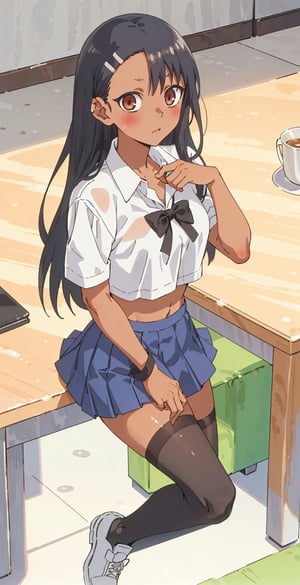 (({nagatoro_hayase_donttoywithmemissnagatoro}, black_hair, long_hair, dark-skinned_female, dark_skin, brown_eyes, hairclip, hair_ornament,)) , an anime style girl, 1girl, solo, midriff, red eyes, brown hair, hair ribbon, 2 ribbon, breasts, thighs,  school uniform, black clothes, short sleeve, pleated skirt, miniskirt, black thigh highs,  shoes, looking at viewer