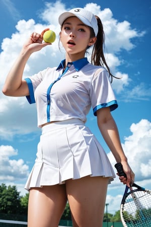 score_9, score_8_up, score_7_up, score_6_up, BREAK source_anime, 1girl, ball, blue sky, cloud, cloudy sky, cowboy shot, hand up, hat, looking at viewer, looking to the side, open mouth, outdoors, playing sports, racket, shirt, short sleeves, skirt, sky, solo, sportswear, tennis ball, tennis racket, tennis uniform, thighs, white hat, white shirt, white skirt, white sleeves