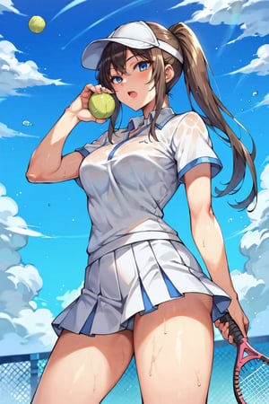 score_9, score_8_up, score_7_up, score_6_up, BREAK source_anime, 1girl, ball, blue sky, cloud, cloudy sky, cowboy shot, hand up, hat, long hair, looking at viewer, looking to the side, open mouth, outdoors, playing sports, ponytail, racket, shirt, short sleeves, skirt, sky, solo, sportswear, tennis ball, tennis racket, tennis uniform, thighs, white hat, white shirt, white skirt, white sleeves