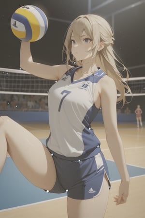 1girl, blue shorts, collarbone, legs, long hair, playing sports, shorts, sleeveless, sportswear, thighs, volleyball, volleyball uniform, masterpiece, best quality, very aesthetic, absurdres