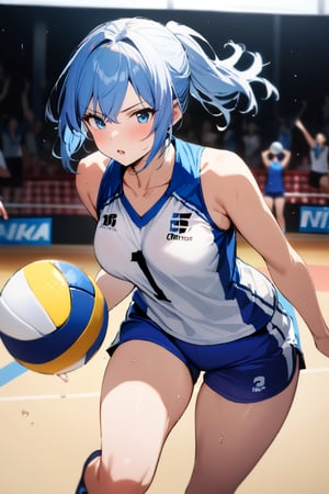 1girl, blue shorts, collarbone, cowboy shot, playing sports, shorts, sleeveless, sportswear, thighs, volleyball, volleyball uniform, masterpiece, best quality, very aesthetic, absurdres