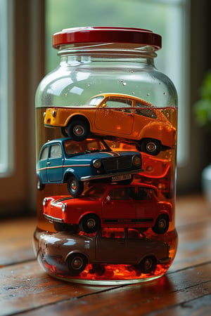 a big glass jar filled with cars in oil, it looks like a jam made of cars ,Midjourney_Whisper