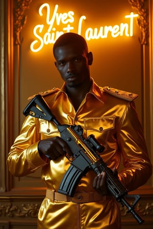 digital photo , a black guy in golden army admiral suit holding a golden AK47, in the background above his head there is a neon sign "Yves Saint Laurent", intricate golden wallpaper in the background