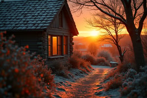 reflection of the sunrise on a beautiful cottage's window, cold autumn morning at the country side ,Midjourney_Whisper