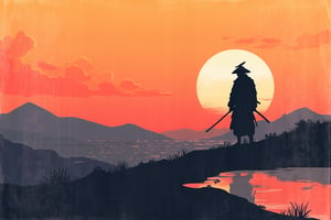 geometric abstraction, hyperminimal, a lone samurai at the sunset , graffiStyle , ukiyoe ,amaterasu