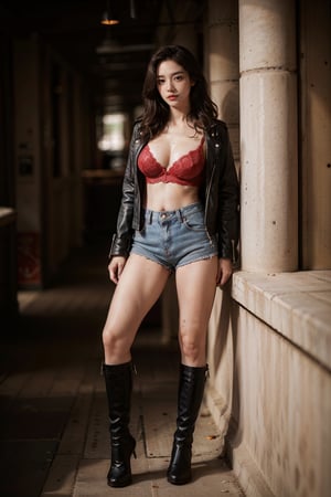 Nsfw, 1girl, red lipstick, low angle shot, Cohen, only black leather jacket, ((beautiful red lace bra)), no inner wear, denim panties,  black heels boots ,walking, ((huge droopy breast cleavage: 1.2)), (realistic:1.3), masterpiece, UHD:1.2, perfect female figure, sexy legs, perfect thighs,realistic face details, Real face skin texture, detailed face,real perfect limbs, real perfect anatomy, ,better_hands, details skin pores, Real skin, the real female body, perfect hands, perfect fingers, ((bokeh)), blurry_background, DSLR photo,  extremely beautiful background, beautiful cinema scene, different poses,More Detail, belly button, denim panties thongs below waist