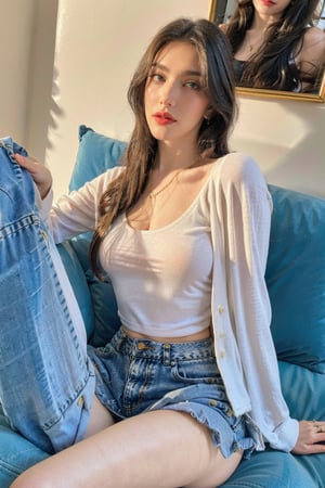 1girl, red lipstick,  , Cohen,  , BFShirt, Long BFShirt, lying on a sofa, tight blue jeans, white shirt,, (realistic:1.5), masterpiece, best quality, highres:1.2, ultra_detailed, UHD:1.2, perfect female figure, sharp focus,masterpiece,Realism,clothing,European realistic face, realistic face details, Real face skin texture, detailed face,fashion_girl, real perfect limbs, real perfect anatomy, 