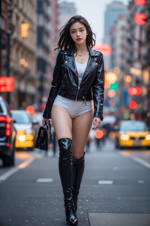 1girl, red lipstick, low angle shot, Cohen, tight blacl leather jacket, panties visible, tight skinny jeans black high heels boots ,walking, ( (huge natural bust: 1.2)), (realistic:1.3), masterpiece, UHD:1.2, perfect female figure, realistic face details, Real face skin texture, detailed face,real perfect limbs, real perfect anatomy, ,better_hands, details skin pores, Real skin, the real female body, perfect hands, perfect fingers, ((bokeh)), blurry_background, DSLR photo,  extremely beautiful background, beautiful cinema scene, different poses,European,More Detail