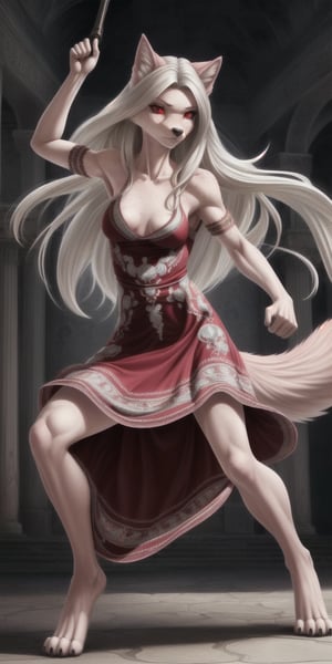 tiny titties, sexy, girl, long hair, disheveled hair, white hair, red eyes, beautiful eyes, detailed eyes, detailed face, freckles, pink fur, anthropomorphic, wolf furry, tail, middle eastern dress, lightly armored, embroidered dress, action pose, fit, toned