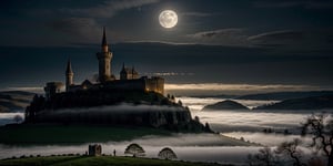 Gothic castle, looming and ancient, bathed in the silvery light of a full moon, eerie and enchanting, stands shrouded in dense, twisting mist, its towering spires, jagged battlements, and ivy-clad stone walls casting long, ominous shadows across the desolate, moonlit landscape.