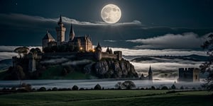 Gothic castle, looming and ancient, bathed in the silvery light of a full moon, eerie and enchanting, stands shrouded in dense, twisting mist, its towering spires, jagged battlements, and ivy-clad stone walls casting long, ominous shadows across the desolate, moonlit landscape.