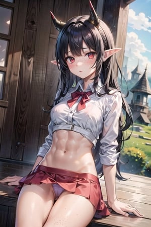 anime screencap, cowboy shot, scenery, cinematic lighting, sitting, legs open, medium breasts, cameltoe, bodycon dress, upskirt, expressive panties, freckles, elf ears, tiny demon horns, tight midriff shirt, abs, expressive eyes, red eyes, black hair, long hair, disheveled hair, view from below, tavern

1girl

