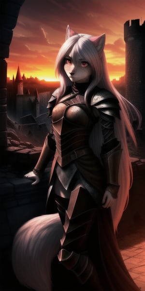 small chested, sexy, girl, long hair, disheveled hair, white hair, red eyes, beautiful eyes, detailed eyes, detailed face, freckles, pink fur, anthropomorphic, wolf furry, tail, rogue-like armor, fit, toned, fiery aura, cinematic lighting, best quality, scenery, crumbling ruins, gothic castle, sunset