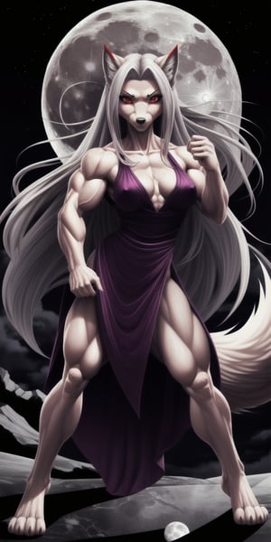 tiny titties, sexy, girl, long hair, disheveled hair, white hair, red eyes, beautiful eyes, detailed eyes, detailed face, freckles, magenta fur, anthropomorphic, wolf furry, tail, middle eastern dress, muscular, fit, toned, menacing, full moon, action pose, sfw, 