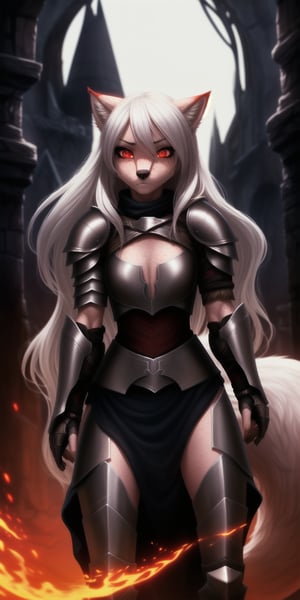 small chest, sexy, girl, long hair, disheveled hair, white hair, red eyes, beautiful eyes, detailed eyes, detailed face, freckles, pink fur, anthropomorphic, wolf furry, tail, rogue-like armor, fit, toned, fiery aura, cinematic lighting, best quality, scenery