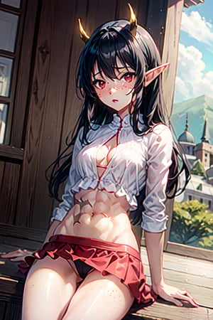 anime screencap, cowboy shot, scenery, cinematic lighting, sitting, legs open, medium breasts, cameltoe, bodycon dress, upskirt, expressive panties, freckles, elf ears, tiny demon horns, tight midriff shirt, abs, expressive eyes, red eyes, black hair, long hair, disheveled hair, view from below, tavern

1girl

