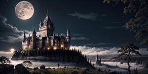 Gothic castle, looming and ancient, bathed in the silvery light of a full moon, eerie and enchanting, stands shrouded in dense, twisting mist, its towering spires, jagged battlements, and ivy-clad stone walls casting long, ominous shadows across the desolate, moonlit landscape.