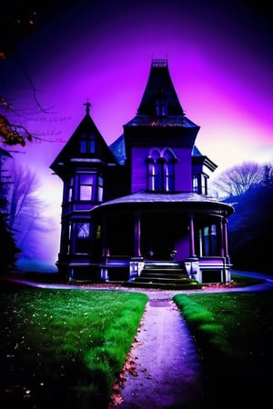 (masterpiece), best quality, scenery, abandoned gothic horror house, heavy purple fog