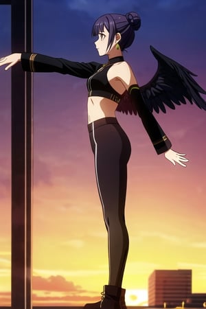 Girl, cinematic lighting, anime screencap, best quality, 

Faux Leather Leggings, Velvet Crop Top, Sleek Low Bun, Statement Earrings, Chunky Ankle Boots

Profile Shot, Silhouette Against Sunset, Arms Outstretched, Dramatic Pose:
The camera captures the subject in profile against a vibrant sunset. Her arms are stretched wide open, fingers splayed like wings. The outline of her figure against the backdrop creates a striking and dramatic visual.