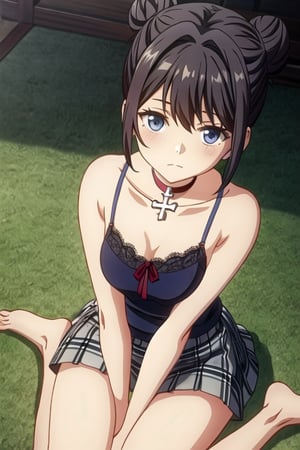 Girl, cinematic lighting, anime screencap, best quality, 

Fitted Plaid Mini Skirt, Lace-Trimmed Camisole Top, Messy Bun with Loose Strands, Choker Necklace, Dainty Rings

Bird's-Eye View, Top-down Angle, Sitting Cross-legged, Casual Relaxation:
Captured from above, the subject sits cross-legged on the ground. Her arms are draped over her knees, and her gaze is directed upward. This angle provides an intimate view of her serene expression and casual comfort.