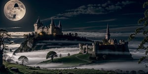 Gothic castle, looming and ancient, bathed in the silvery light of a full moon, eerie and enchanting, stands shrouded in dense, twisting mist, its towering spires, jagged battlements, and ivy-clad stone walls casting long, ominous shadows across the desolate, moonlit landscape.