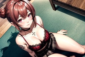 Girl, cinematic lighting, anime screencap, best quality,

Fitted Plaid Mini Skirt (Deep Red and Black), Lace-Trimmed Camisole Top (Burgundy), Messy Bun with Loose Strands, Choker Necklace, Dainty Rings
Thick Thighed, Tattooed, Bird's-Eye View, Top-down Angle, Sitting Cross-legged, Casual Relaxation:
Captured from above, the thick thighed subject with tattoos sits cross-legged on the ground. Her arms are draped over her knees, and her gaze is directed upward. This angle provides an intimate view of her serene expression and casual comfort.