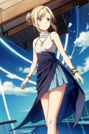 Girl, cinematic lighting, anime screencap, best quality, 

Midi Wrap Skirt, Ribbed Mock Neck Top, Polished Low Chignon, Gold Pendant Necklace, Stacked Bracelets

Full-Length Shot, View from Below, Mid-Stride Walk, Confident Momentum:
Viewed from a low angle, the subject strides confidently forward, mid-step. Her arms sway in rhythm with her movement, and her posture radiates a sense of purpose and determination.