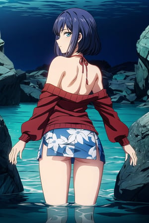 Girl, cinematic lighting, anime screencap, best quality, expressive eyes, detailed face, (((cowboy shot, legs open, dynamically posing, view from behind))), partially submerged, sexy, looking back at viewer

Floral Print Mini Skirt, Off-Shoulder Knit Sweater
