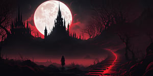 Nicolas Delort style, dark, eerie, fantasy, gothic, horror, labyrinths, cinematic lighting, crimson fog, red highlights, dark red shading, blood moon
