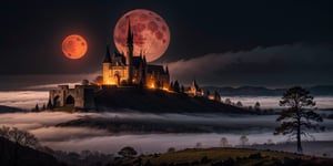 Gothic castle, looming and ancient, bathed in the silvery light of a full moon, eerie and enchanting, stands shrouded in dense, twisting mist, its towering spires, jagged battlements, and ivy-clad stone walls casting long, ominous shadows across the desolate, moonlit landscape, red skies, blood moon, wildfire, fog, spooky