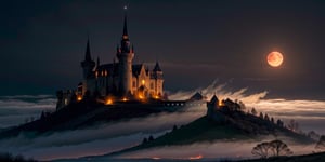 Gothic castle, looming and ancient, bathed in the silvery light of a full moon, eerie and enchanting, stands shrouded in dense, twisting mist, its towering spires, jagged battlements, and ivy-clad stone walls casting long, ominous shadows across the desolate, moonlit landscape, red skies, blood moon, wildfire, fog, spooky