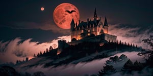 Gothic castle, looming and ancient, bathed in the silvery light of a full moon, eerie and enchanting, stands shrouded in dense, twisting mist, its towering spires, jagged battlements, and ivy-clad stone walls casting long, ominous shadows across the desolate, moonlit landscape, red skies, blood moon, wildfire, fog, spooky