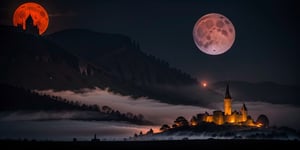 Gothic castle, looming and ancient, bathed in the silvery light of a full moon, eerie and enchanting, stands shrouded in dense, twisting mist, its towering spires, jagged battlements, and ivy-clad stone walls casting long, ominous shadows across the desolate, moonlit landscape, red skies, blood moon, wildfire, fog, spooky