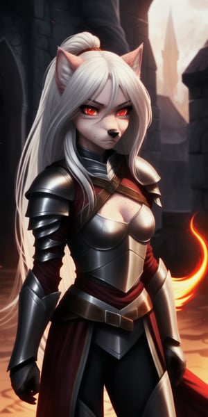 small chest, sexy, girl, long hair, disheveled hair, white hair, red eyes, beautiful eyes, detailed eyes, detailed face, freckles, pink fur, anthropomorphic, wolf furry, tail, rogue-like armor, fit, toned, fiery aura, cinematic lighting, best quality, scenery