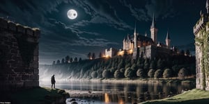 Gothic castle, looming and ancient, bathed in the silvery light of a full moon, eerie and enchanting, stands shrouded in dense, twisting mist, its towering spires, jagged battlements, and ivy-clad stone walls casting long, ominous shadows across the desolate, moonlit landscape.