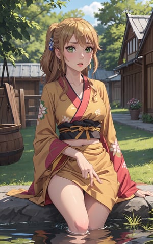 ((masterpiece, best quality)), RAW Photo of Yuzu Aihara, (1girl:solo), midriff, outdoor, adventurer, fantasy village background, nature, medieval time, reflected light, ray tracing, delicate background, cowboy shot, vibrant world., absurdres , yellow, sexy, young girl, isekai kimono clothes, kimono undress clothes, ,looking at viewer, cowboy_shot, kimono,sitting,river,show breasts,plump breasts