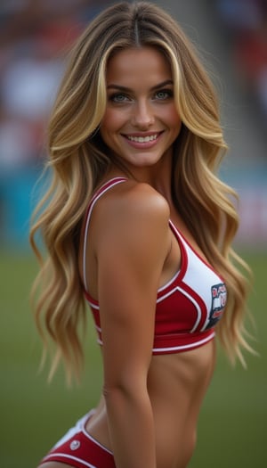 A sexy girl, 25 years old, (rounded face:1.2), big lips, beautiful green-blue eyes, thin brown eyes, blond hair, long hair, wavy hair, busty, (photo realistic), (football cheerleader:1.4), stadium, superball, smiling,maya, (full body shot:1.4)