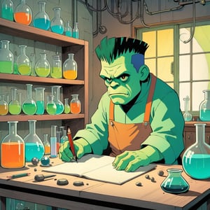 Little monster Frankenstein, in a laboratory, Beautiful colors, pencil sketches, style of Dan Matutina, In the style of studio ghibli, Art by Hiroshi Saitō, bold lines, Bold the drawing lines, One character,Comic Book-Style 2d