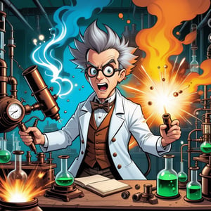 cartoonish style, a mad scientist making explosive experiences in a laboratory, steampunk, highly detailed, well rendered, (caricature:0.8), comic book, vibrant