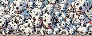 Lots of cute baby Dalmatians climbing on each other, highly detailed, well rendered, comic book